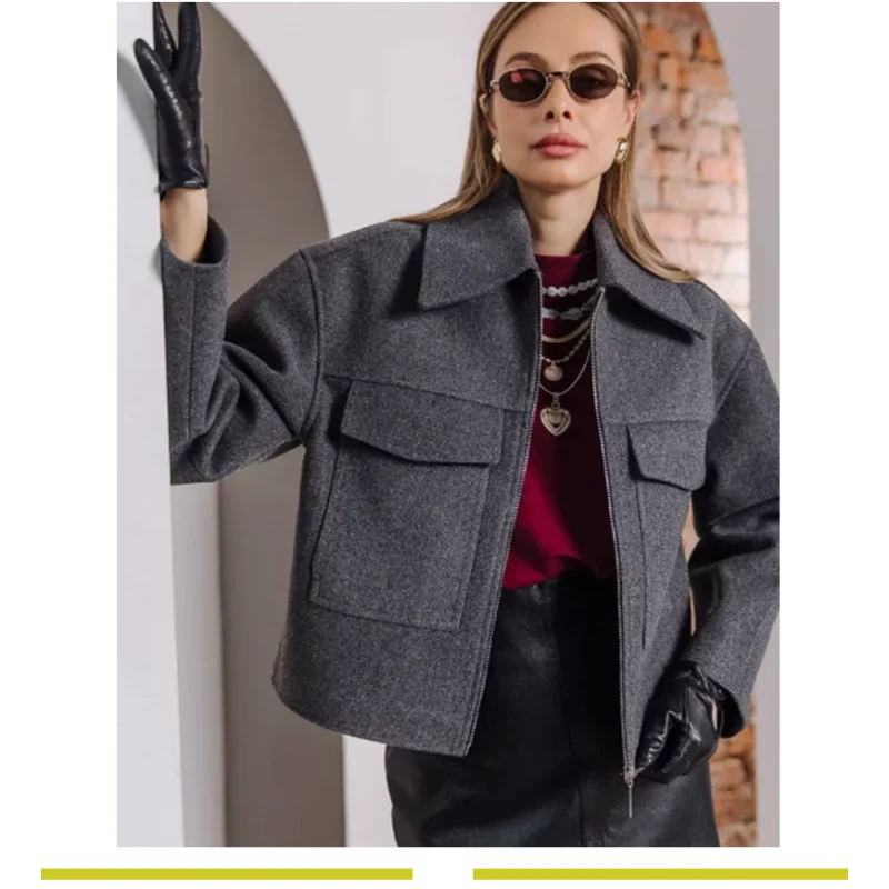 Wollmantel, große Tasche, langärmelig, Top, 2025, Herbst und Winter, neuer Stil, Reversjacke, Strickjacke für Damen