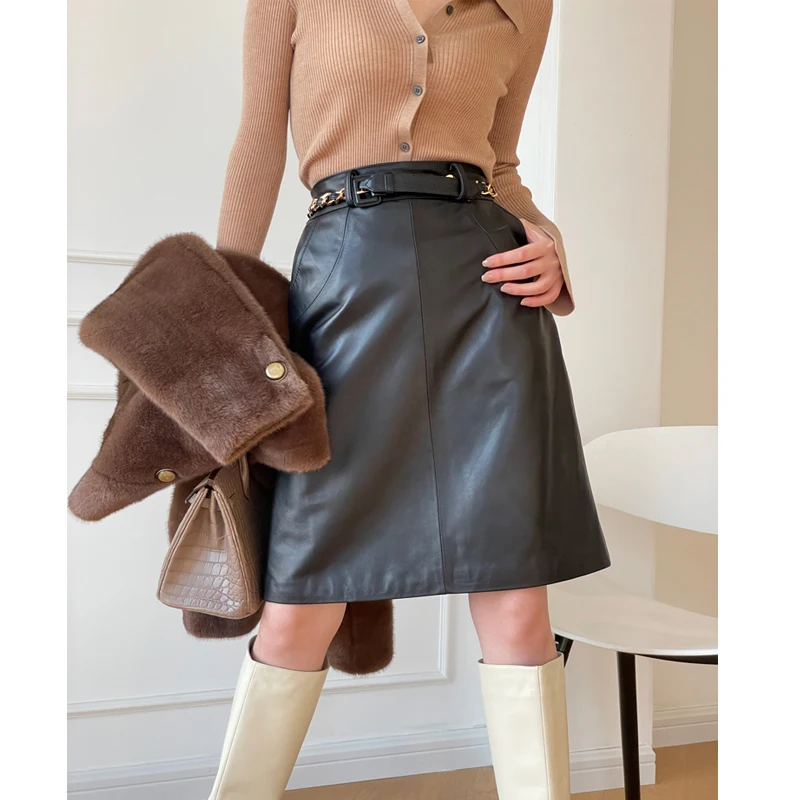 100% Genuine Leather Women‘s Sheepskin Skirt 2025 Spring High Waist A-line Skirt Black Slim Female Package Hip Leather Skirts