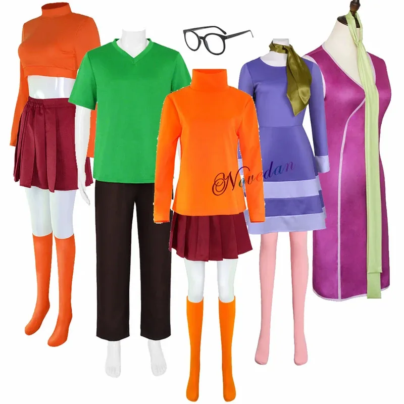 Velma-falda de disfraz de Cosplay para mujer y niña, uniforme Sexy naranja, vestido Daphne, peluca, traje de fiesta de Carnaval de Anime de talla grande XXXL ob; 8