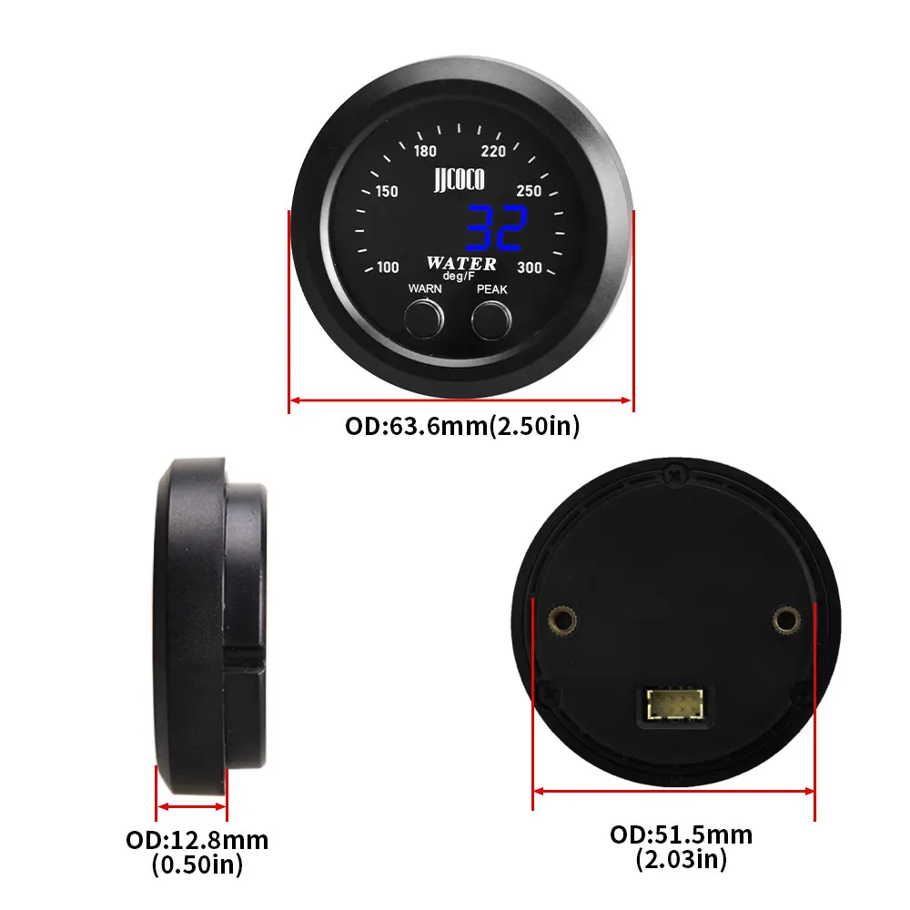 52MM Auto 12v/24v Ultra-thin Water Temperature Gauge With 1/8 Npt Sensor Car Digital Meter Red Display Temp 100-300F(40~187C)