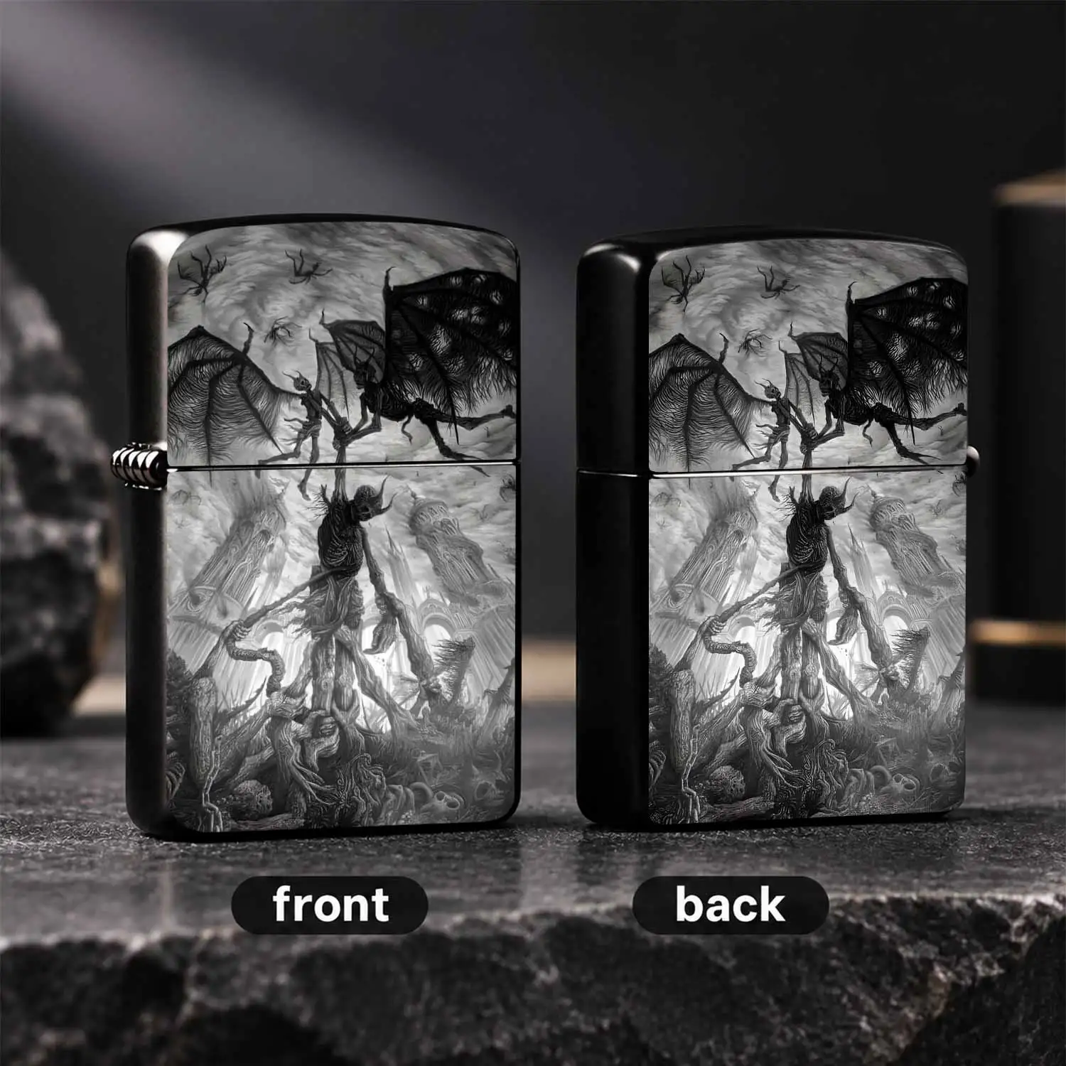 Black And White Surreal Dark Pattern Windproof Retro Hell Skeleton Flying Devil Printed Portable Durable Housing Igniter Creative Cool Collectible Desktop Ornament Ideal For Daily Use Outdoor Camping Gifting For Gothic Art Lovers A Fun And