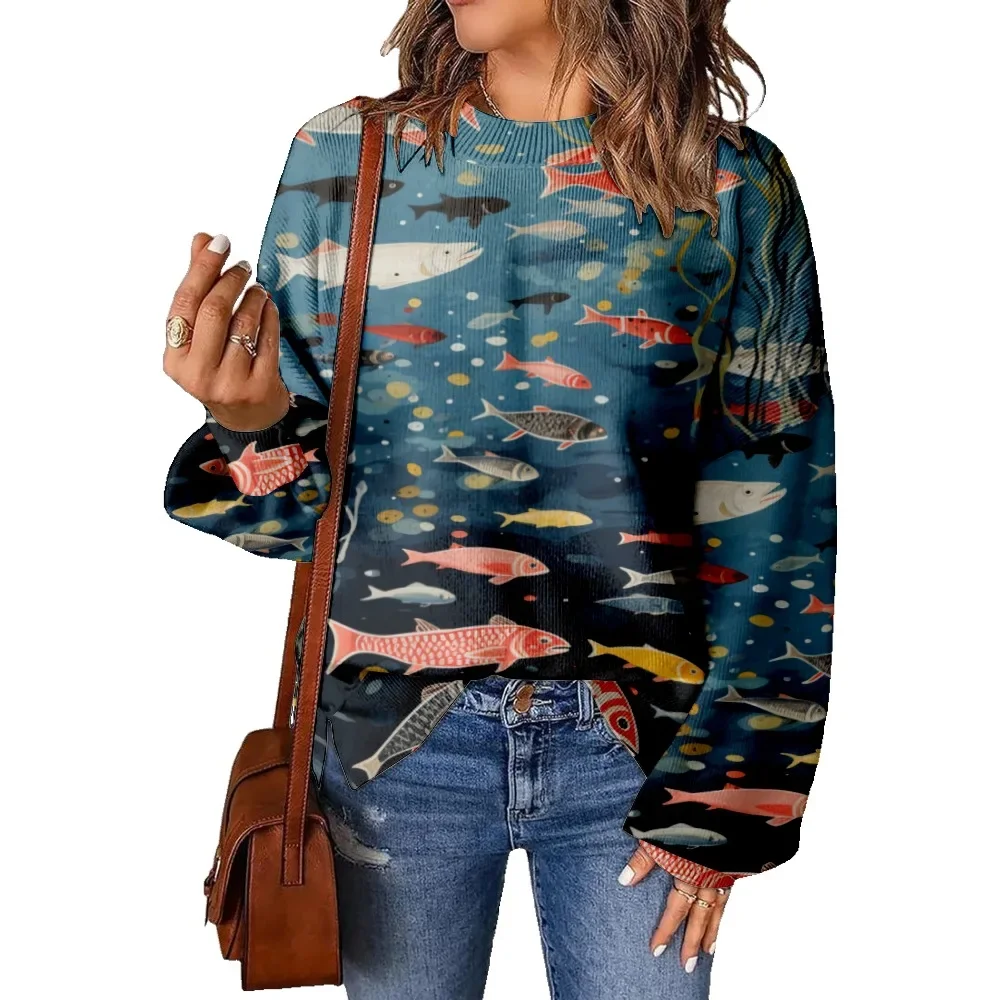 Deep Sea Fish Schools Print Pullover Harajuku Casual Long Sleeved Round Neck Sweatshir Women's Cozy Hoodie Daily Loose Outfits