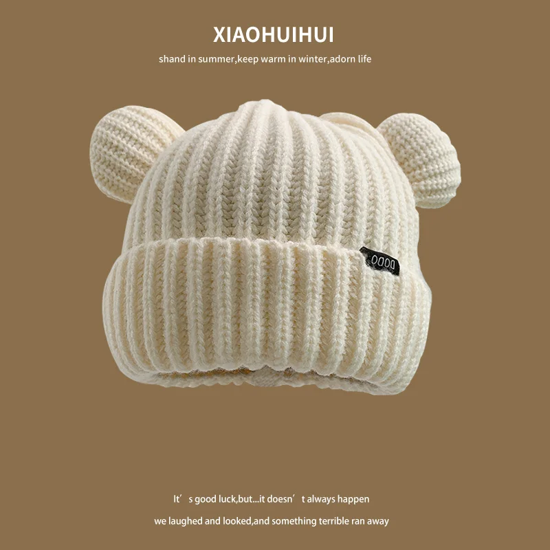 Korean Loose Big Head Waist Little Bear Ears Woolen Hat Women\'s Autumn and Winter Thickened Warm Knitted Hat Cute Ear Protection