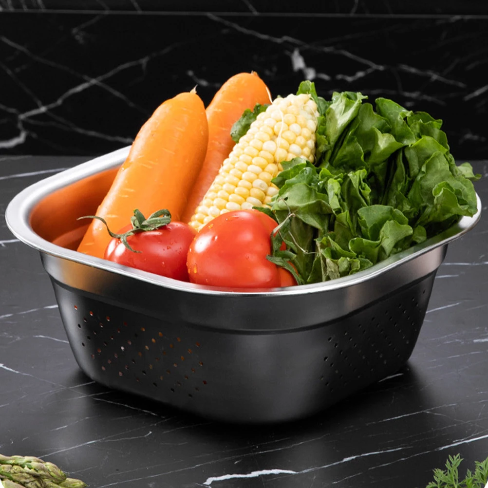 

Stainless Steel Basin Large Capacity Square Shape Vegetable Washing Kitchen Gadget Flat Bottom Household Item Mixing Bowls