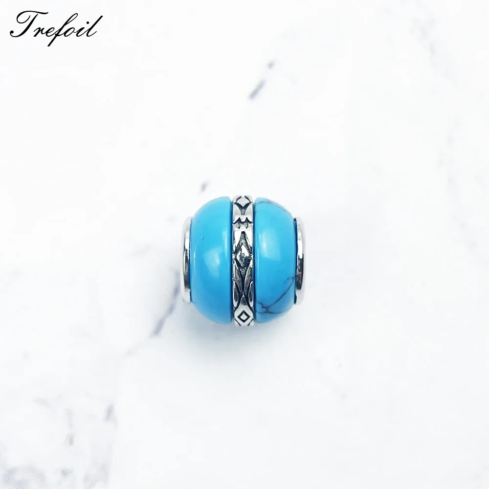 Turquoise Bead Ehnic Ornament 925 Sterling Silver Luxury Fine Woman Man Jewelry Accessories Charms Fit DIY Bracelets Making