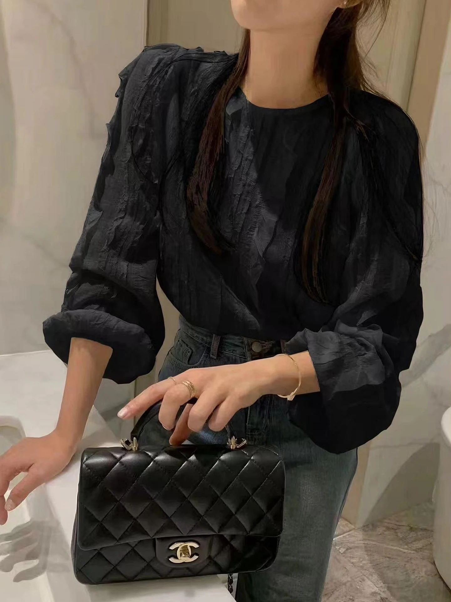 여성용 루즈 버블 스웨트 디자인 센스 스플라이싱 3D 우드 가을 신상 순색 다용도 탑