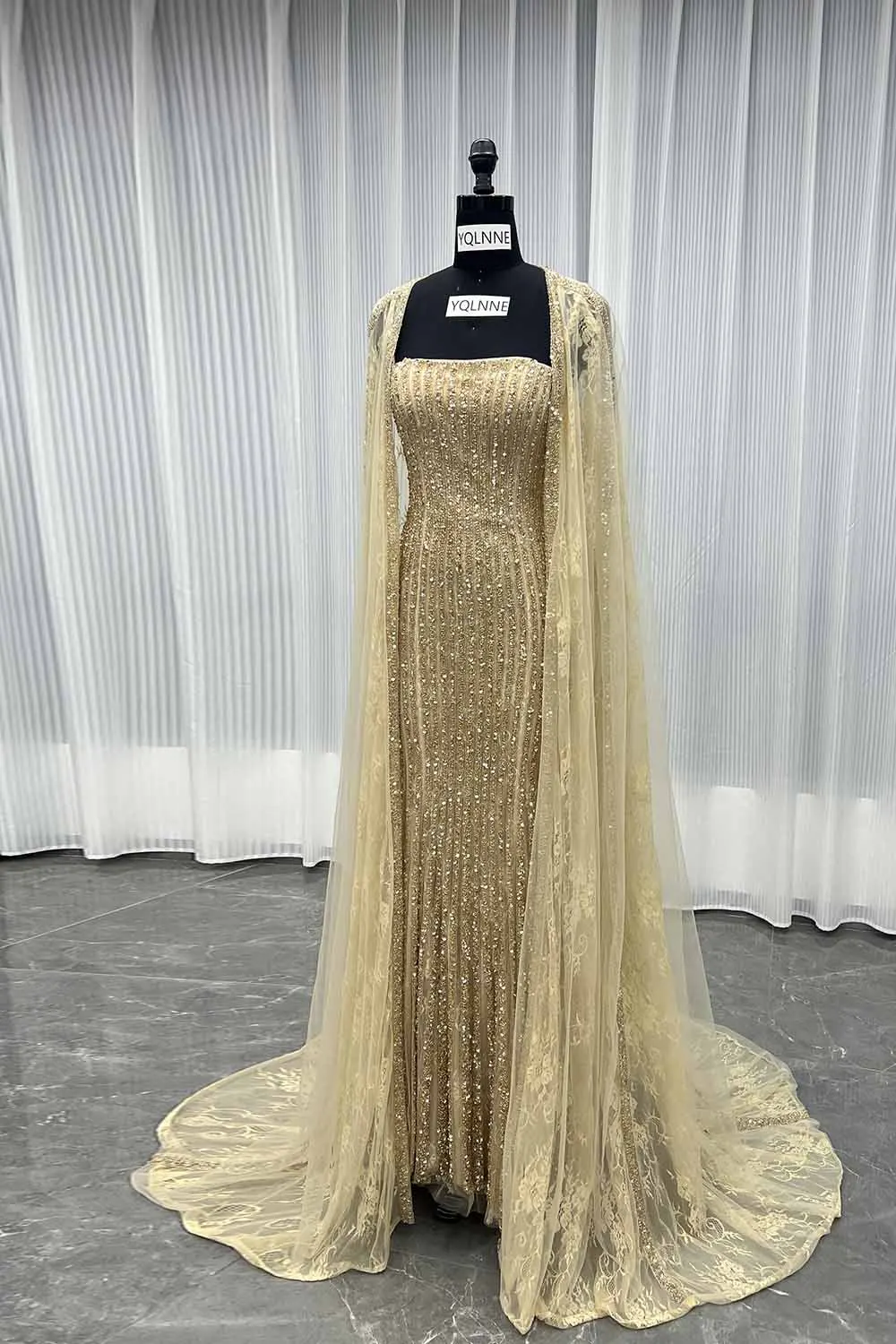 YQLNNE 051 vestidos de noche con cristales dorados champán y chal vestido Formal con cuentas de encaje