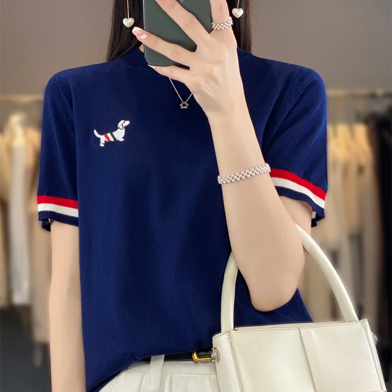 ADDONEE Spring Summer Women Preppy Style T-shirt Basic Casual Short Sleeve O-neck Pullover Sweater 30% Merino Wool Knitwear Tops