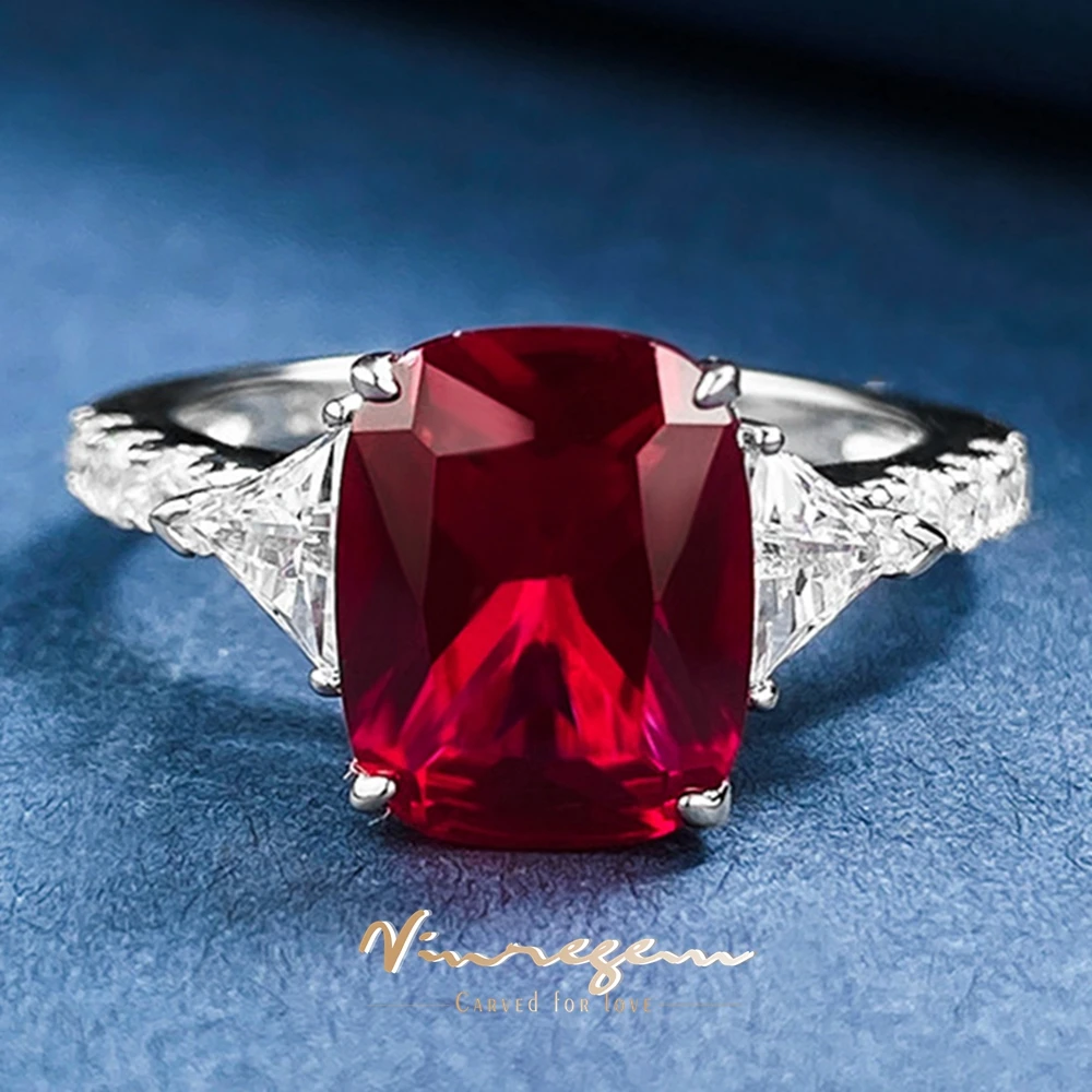 

Vinregem 8*10 MM Ruby High Carbon Diamond Gemstone Vintage 100% 925 Sterling Silver Ring for Women Wedding Engagement Jewelry