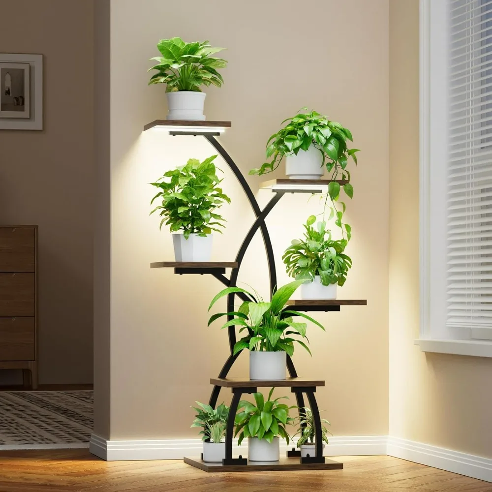 Plant Stand with Grow Lights, 6 Tiered Plant Shelf , 36“ Corner Shelves, Metal Curved Flower Holder Display Rack