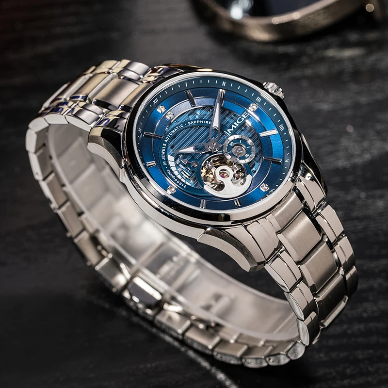 MIGE Original Miyota Couple Watches Skeleton Waterproof Luminous Stainless Steel Mechanical Wrist Watch for Men and Women
