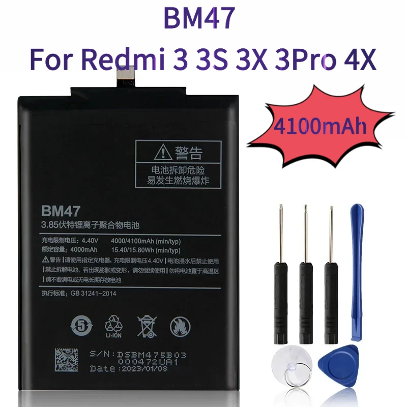 

Phone Battery BM47 For Redmi 3 3S 3X 3Pro 4X Replacement Battery With Tool 4100mAh
