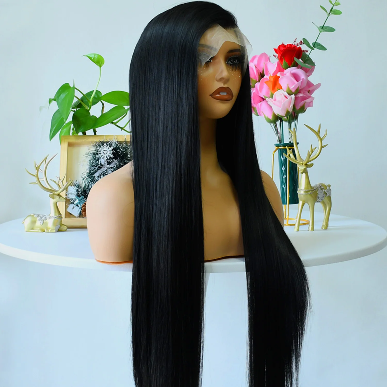 Gerade Spitze-Front-Perücke, volle Spitze-Perücken für Frauen, 40 Zoll, 13 x 4 Knochen, gerade, HD-transparente Spitze-Frontal-Perücke, synthetische Perücke