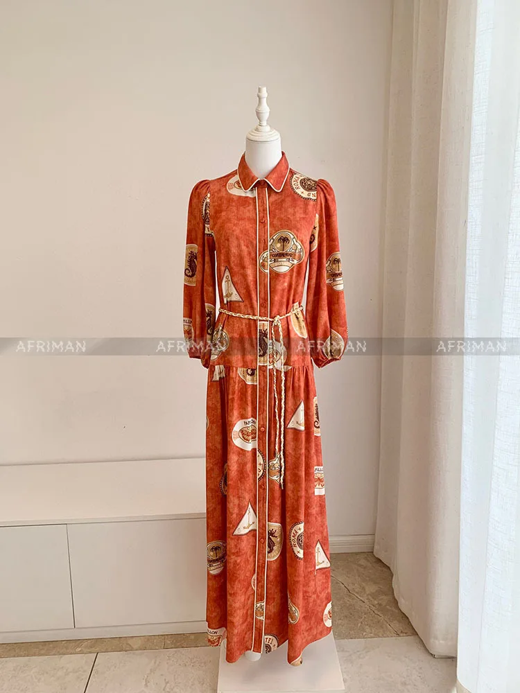 여성용 해마 프린트 폴로 칼라 랜턴 소매 100% 린넨 롱 셔츠 드레스