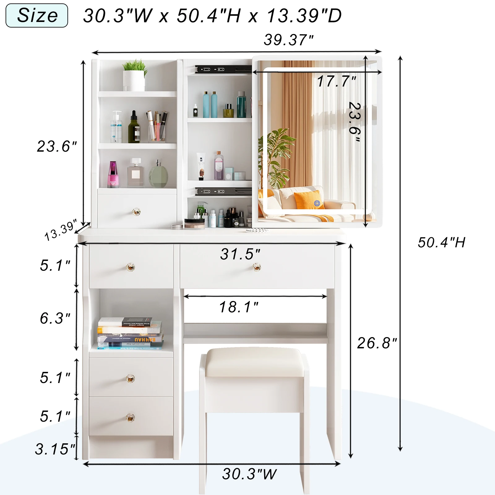 Vanity Desk Makeup Vanity Desk with Sliding Mirror and Lights, Makeup Vanity Set with Drawers, Stool and Open Shelves, 3 Color Lighting Modes Brightness Adjustable Dressing Table for Bedroom