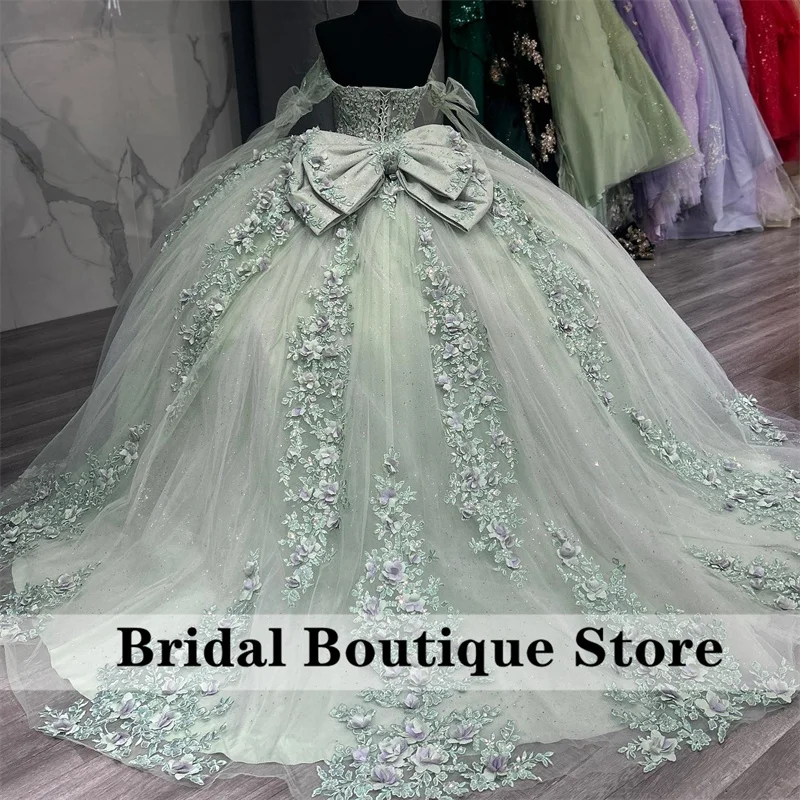 Vestido de baile de princesa para quinceañera, vestidos con lazo y cuentas, apliques de flores de encaje, brillo dulce 16, vestidos de fiesta de graduación, recién llegado