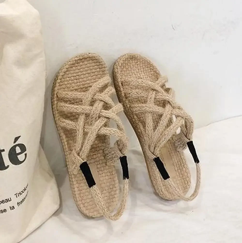 

Hemp rope sandals for female students 2024 new straw woven summer cross straps beach casual ladies and slippers women shoes