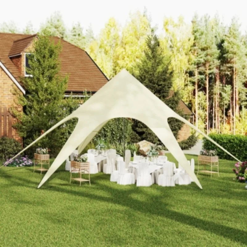 Tente de jardin XXL en forme d'étoile, bâche anti-pluie, voile d'ombrage 10 x 10 x 4 m, polyester haute densité 210D beige