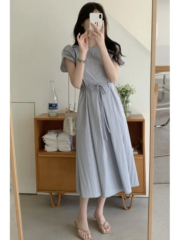 Vestido Retro Dulce con Cintura Ajustada, Diseño de Moda Femenina, Estilo Coreano con Nudo, Aósfera ra y Madura, Vestid...