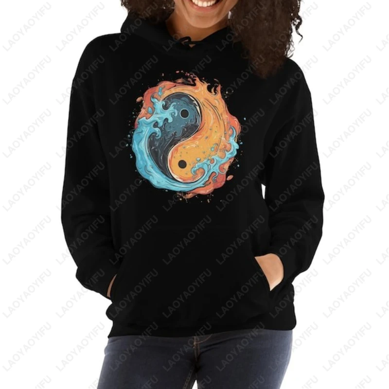 

Fire and Water Yin Yang Hooded Mens Womens Unisex Balance Harmony Zen Spiritual Pullover Vibrant Symbol Gym Mandala Sweatshirt