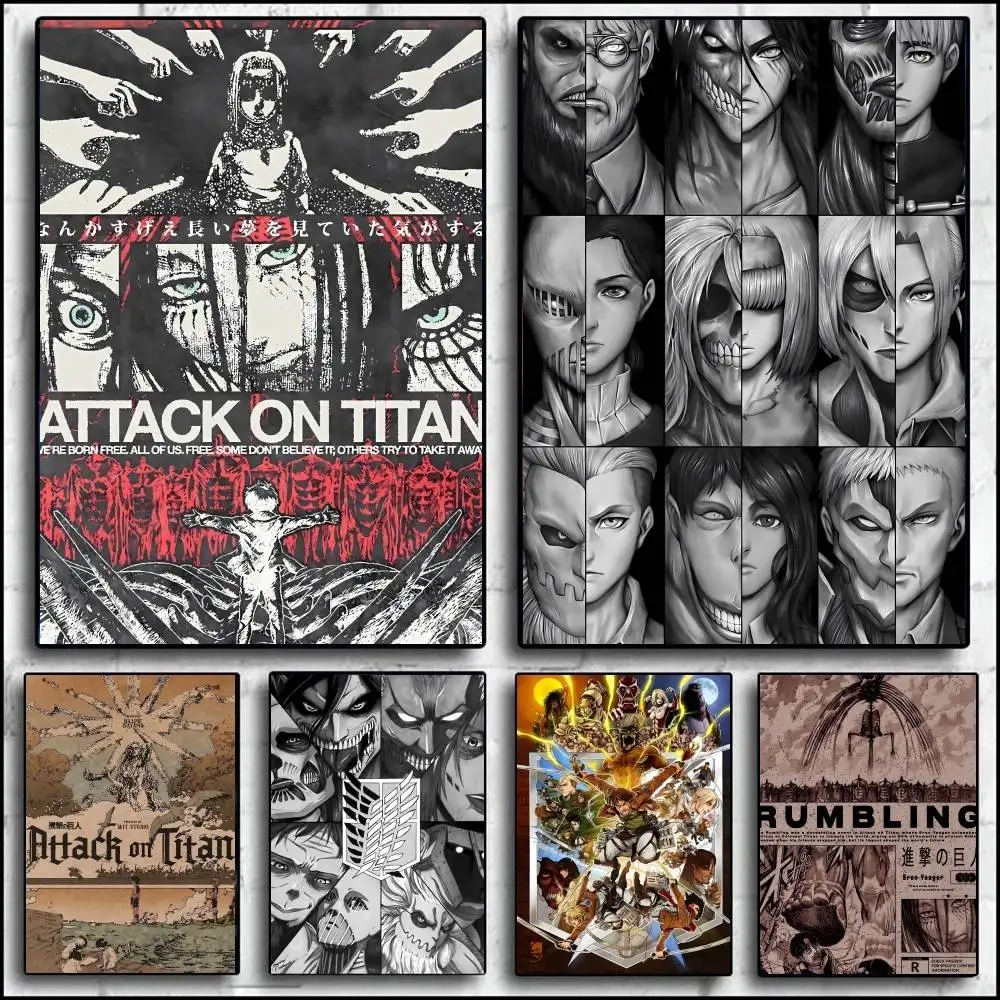 Hot-blooded Anime Attack On Titan Poster Self-adhesive Art Waterproof Paper Sticker Coffee House Bar Room Wall Decor