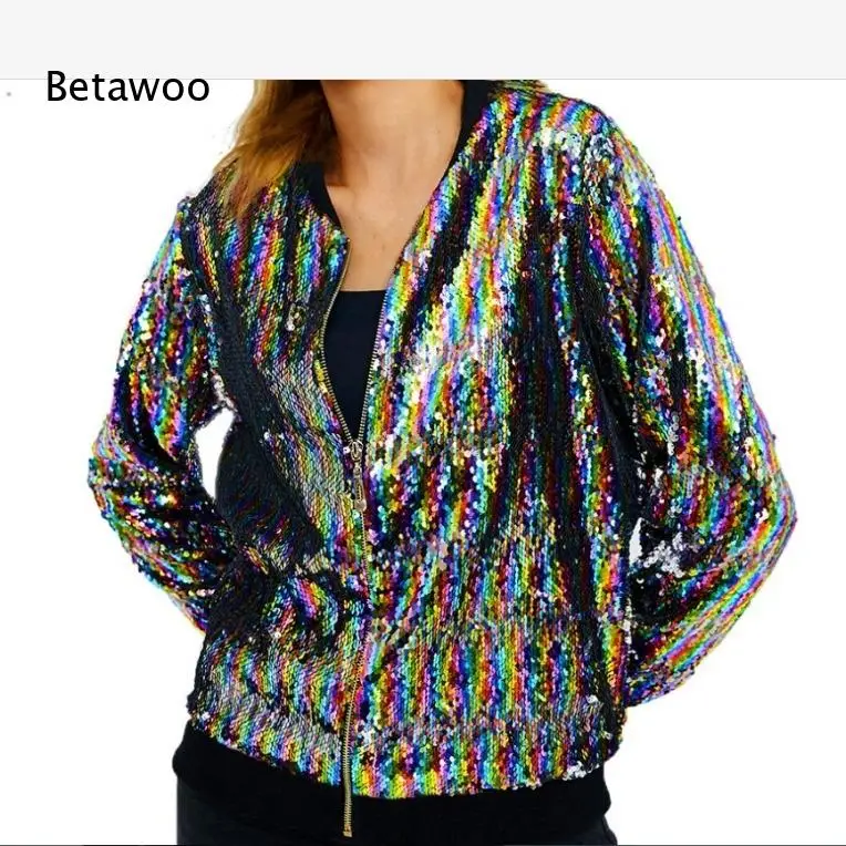Women's Multicolor Sequin Zip-Up Bomber Jacket, Long Sleeve Sparkly Glitter Outerwear for Party, Festival, or Night Out