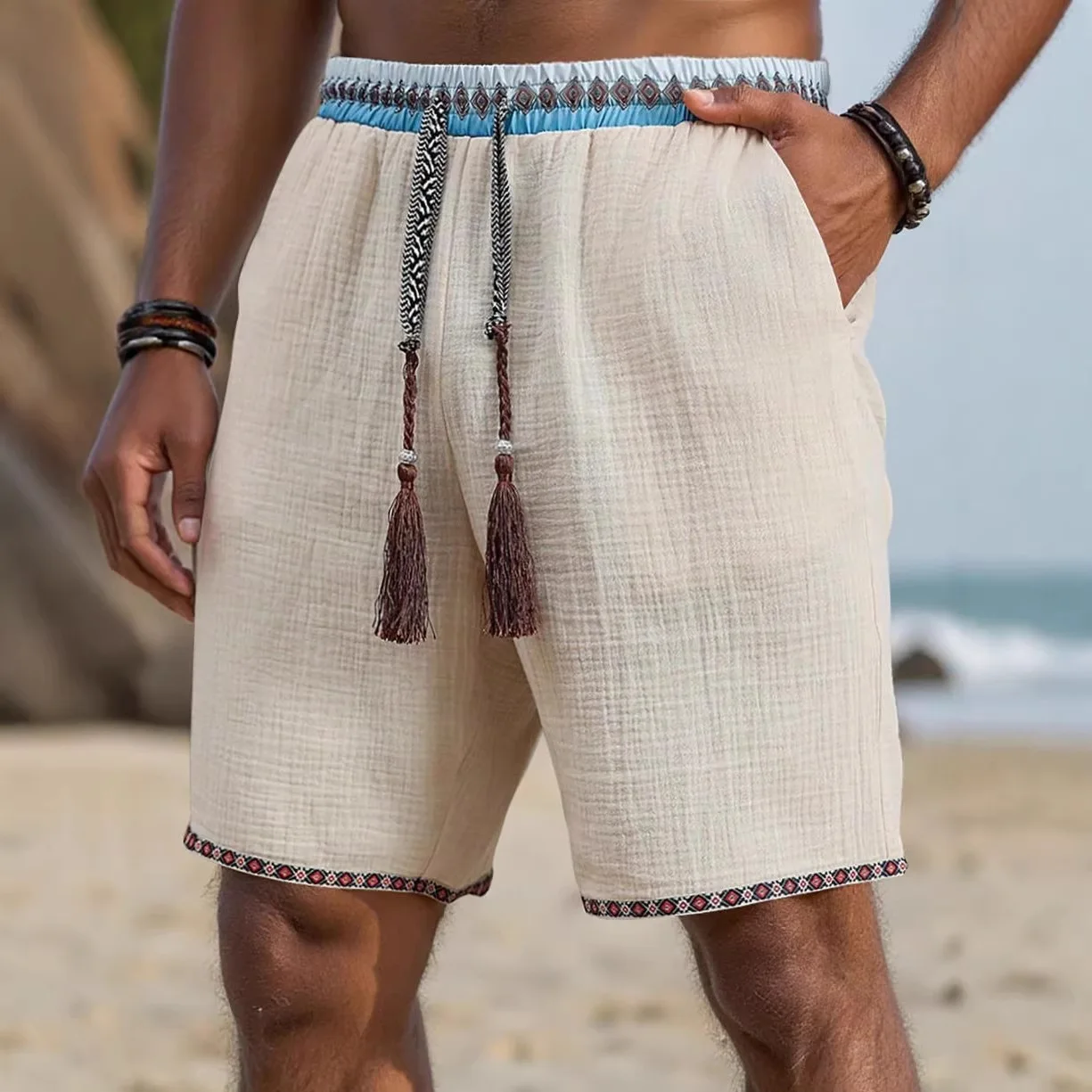 

Летние мужские винтажные шорты с этническим принтом и пэчворком, свободные, дышащие, для пляжа и отдыха, новинка лета 2026