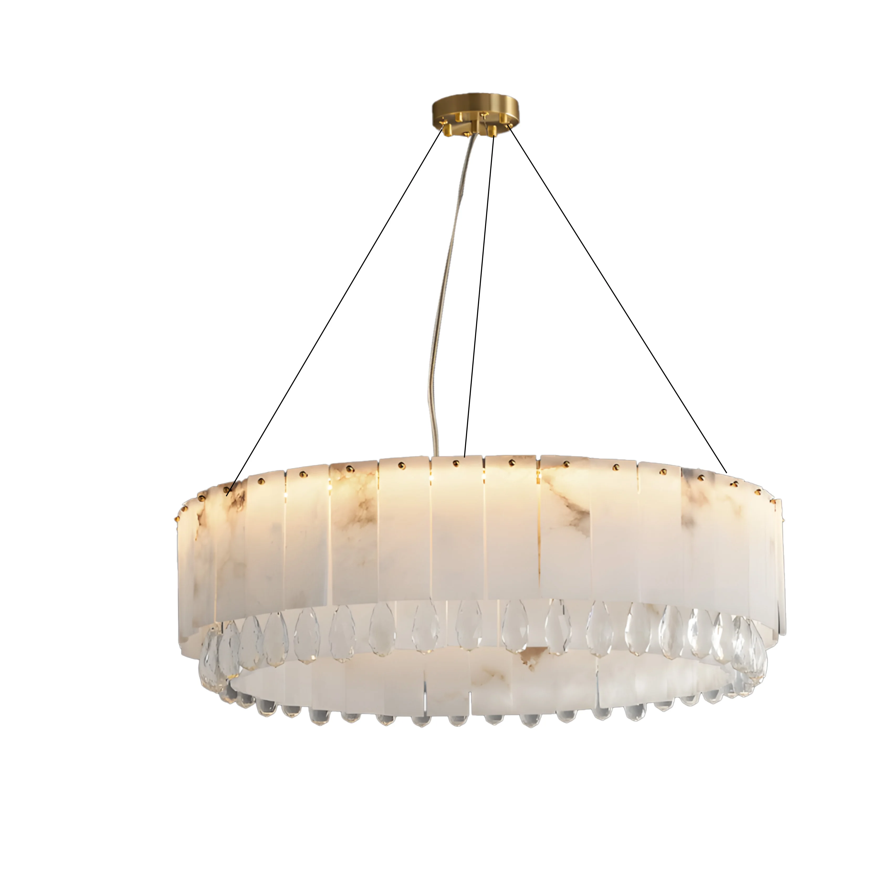 

Modern Spanish Marble Round Lamp with K9 Crystal Pendants Brass Lustre 3 Color Dimmable Lighting Hotel Restaurant Ceilings