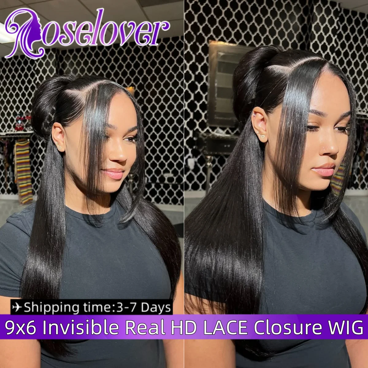 

ROSELOVER 34Inch 9x6 Invisible Real HD Lace Closure Wig Wear to Go Glueless Straight Virgin Hair 250% Density for Black Woman