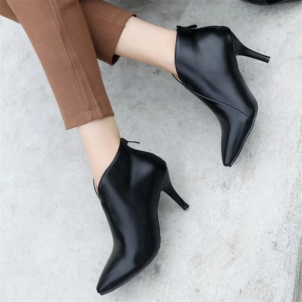 Women Shoes Fashion Metal Zipper Ankle Boots Ladies Elegant Short Plush Sexy Thin Heels Boats Mujer For Girls Size 32-43 Beige