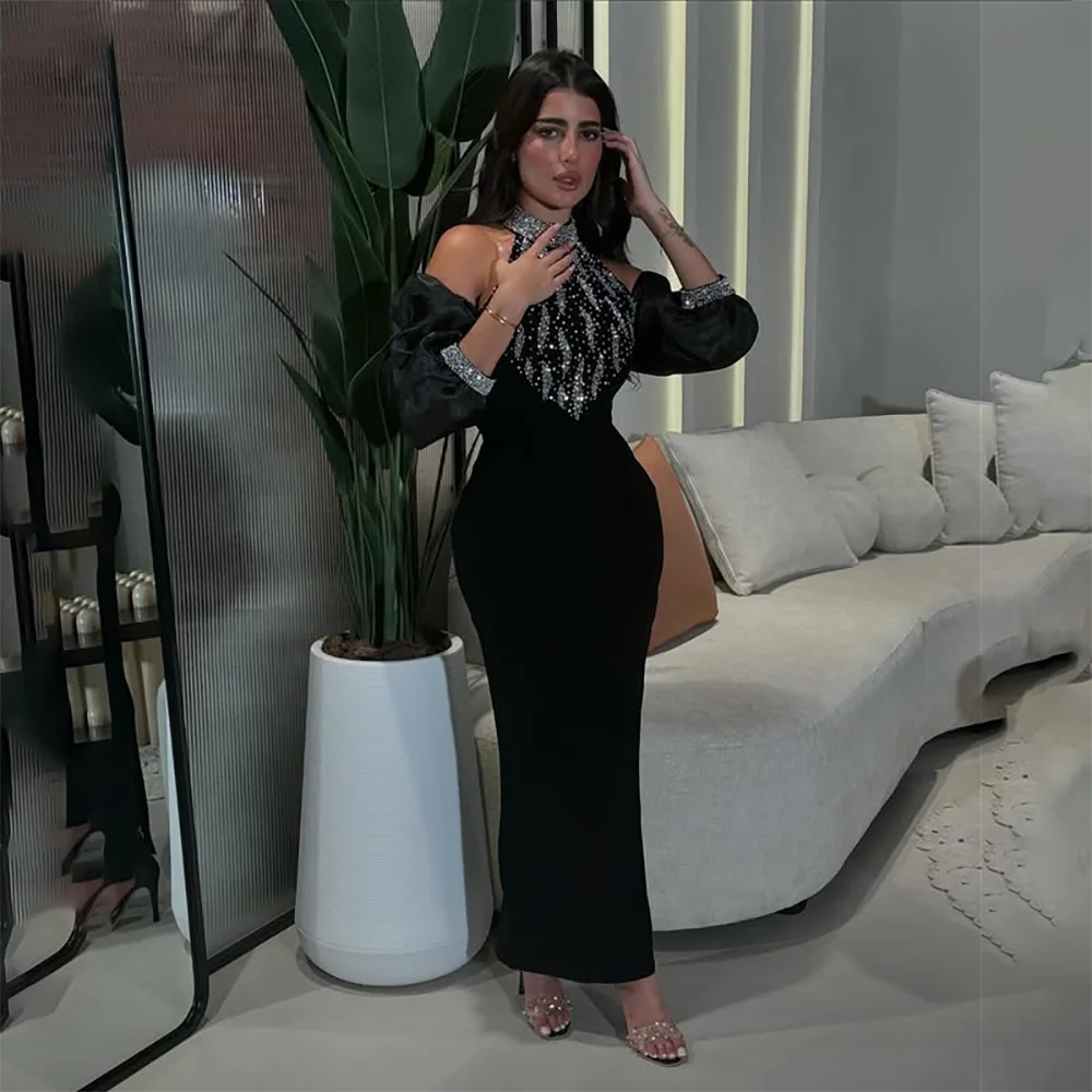 

Черное платье для выпускного вечера с бисером и кристаллами с высоким воротом, прямые роскошные вечерние платья с рукавами, вечерние платья до щиколотки по индивидуальному заказу