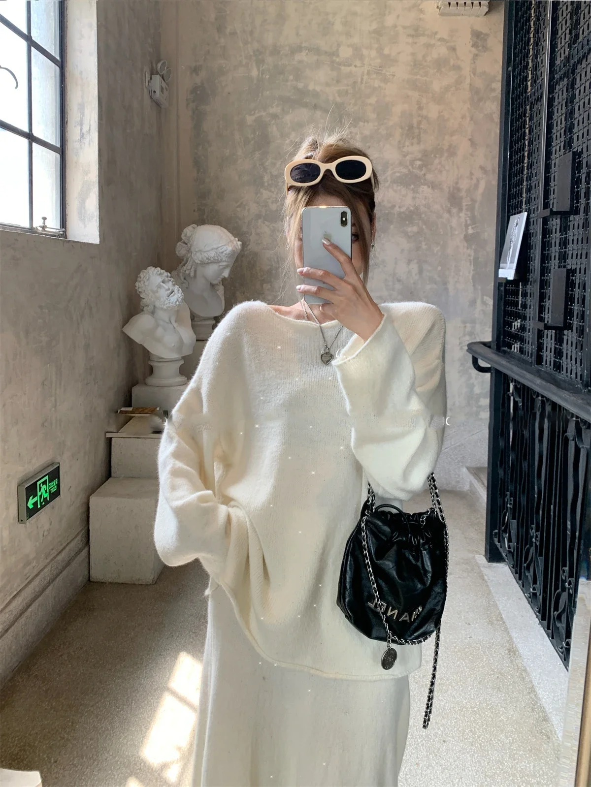 Hirsionsan Sexy Soft Elegant Vintage Women Suits 2 Pieces Female Sets Slash Neck Sweater & Midi Dress Bling Knitted TrackSuit