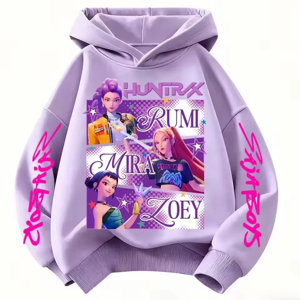 220g Schwerer Fleece-Wärmehoodie mit Anime-Huntrx-Motiv, Drei-Mädchen-Grafik, Kinder-Mode, Lila Pullover-Sweatshirt für Mädchen – Detail 5