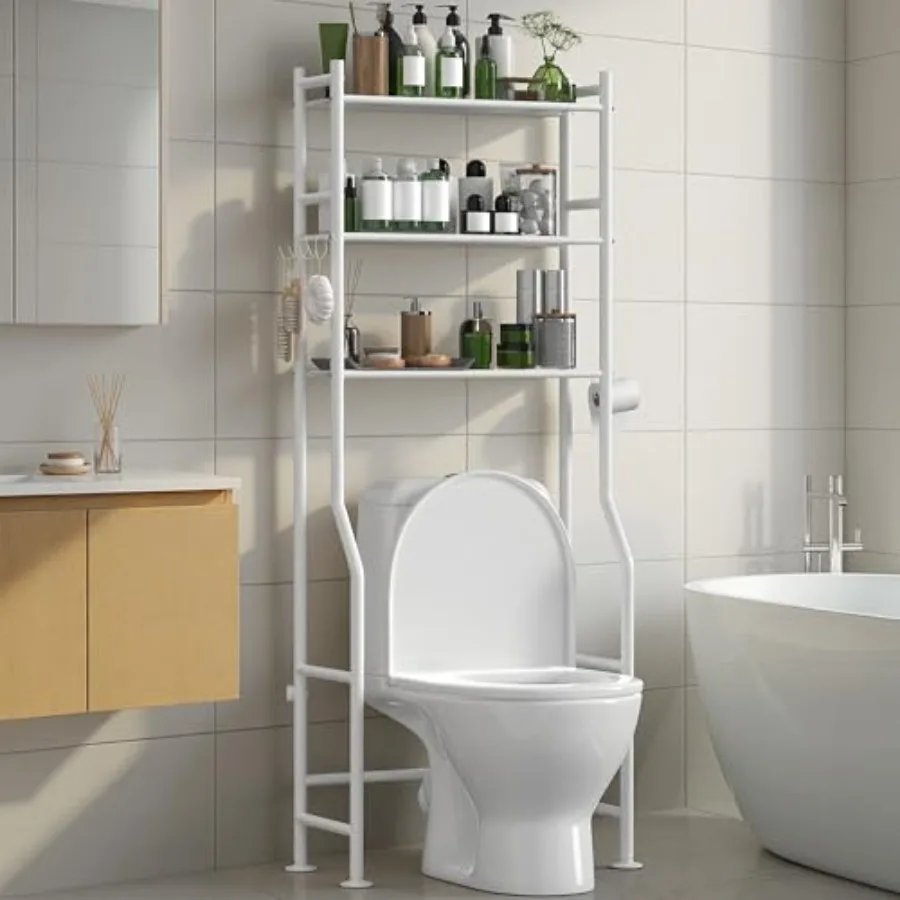 

3-Tier Over The Toilet Storage Organizer, Space-Saving Bathroom Rack with Paper Holder and 4 Hooks, 64" Tall Freestanding Carbo