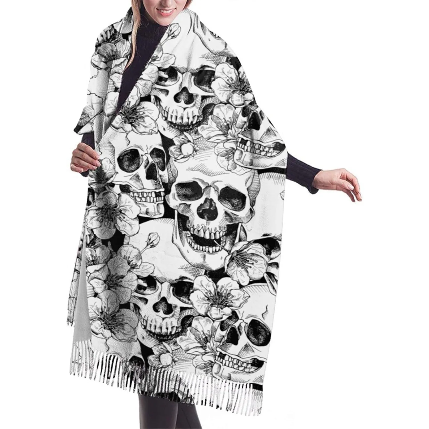 Black and White Skull and Flower Soft Blanket Scarf Long Warm Shawl Wraps Cashmere Fringe Scarfs for Women Men