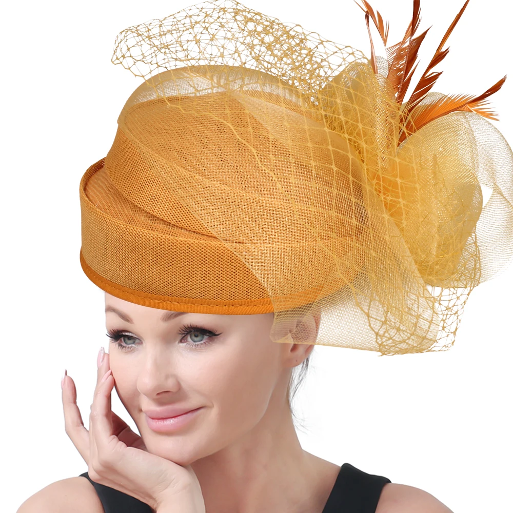 

Women's Imitation Sinamay Fascinator Hat Feather Tea Party Pillbox Flower Derby Millinery Church Cocktail Headwear New Design