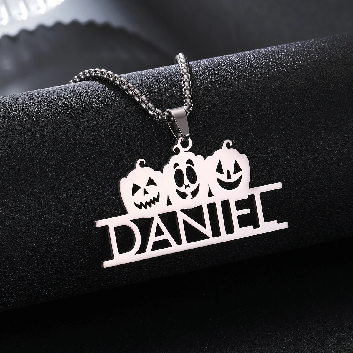 

Custom Halloween Pumpkin Name Necklace, Personalized Stainless Steel Hollow Pendant, Festival Memorial Exclusive Jewelry