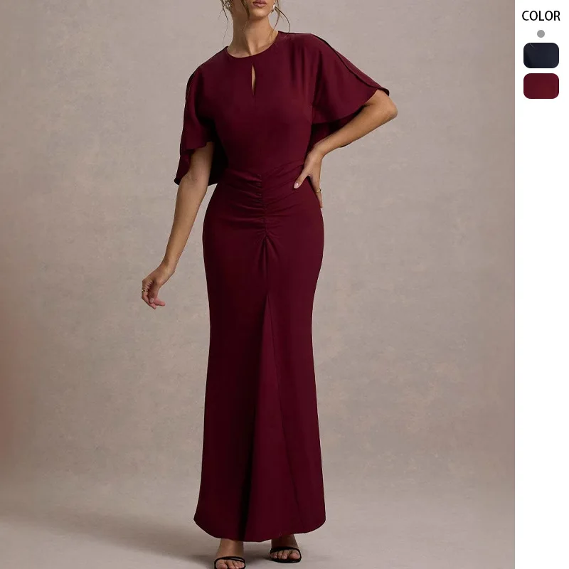 

Summer New Style Hot Girl Mid-Sleeve Hollow Out Bust Ruched Dress Waist-Cinching Ruched Bodycon Sexy Long Dress For Women