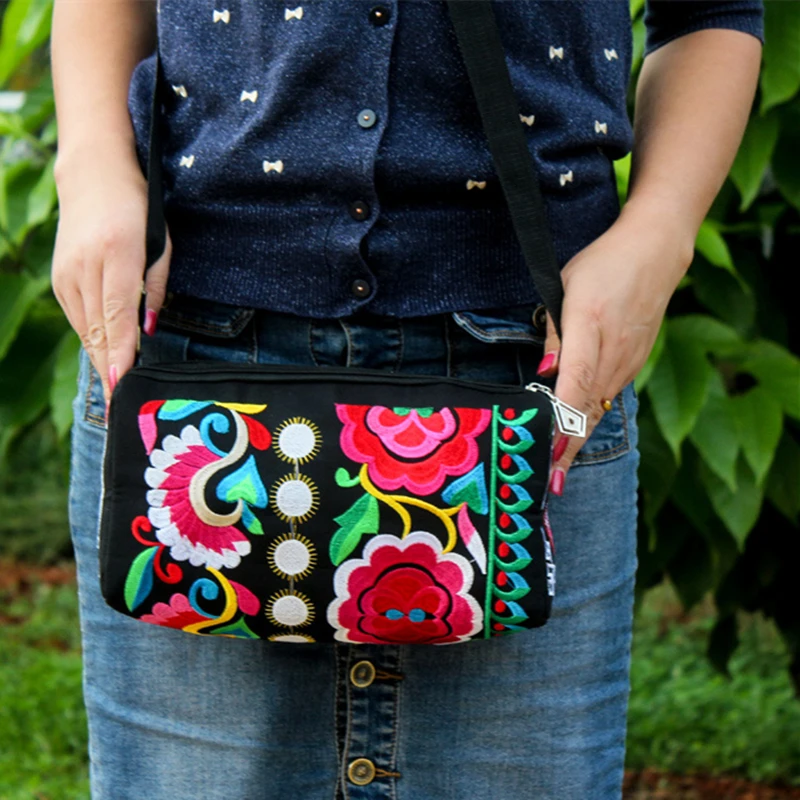 New Ethnic Style Embroidery Bag Three Zipper Double Sided Women Shoulder Crossbody Bag