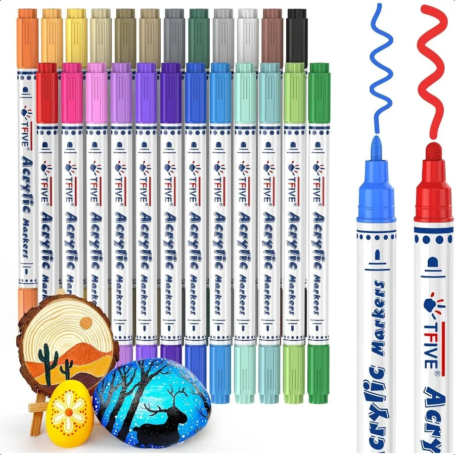 

TFIVE Dual Tip Acrylic Paint Markers 24 Vibrant Colors Kit No BleedThrough on Paper for Fabric Rock Canvas Wood Ceramic Glass C