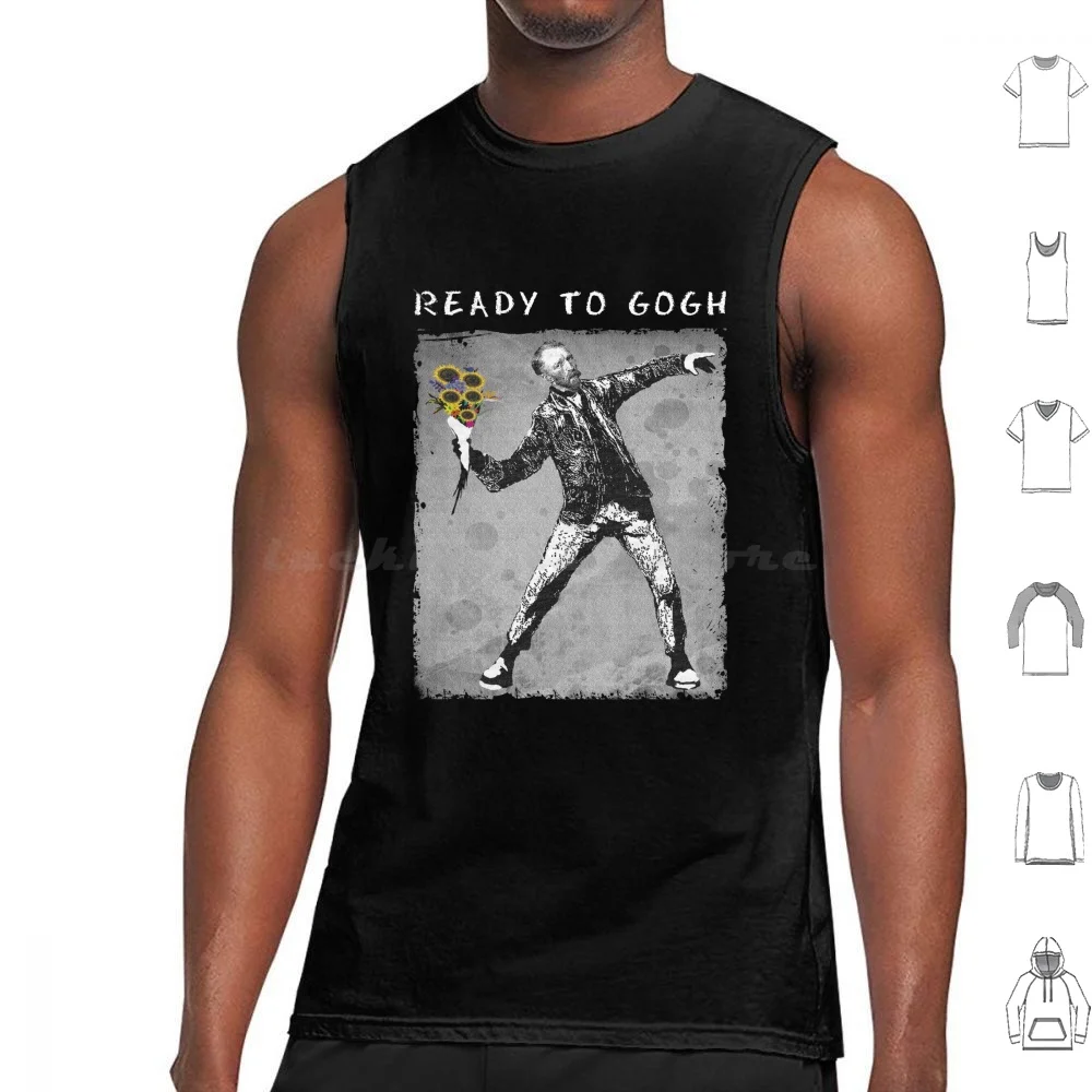 Ready To Gogh-Banksy Van Gogh Throwing Flowers Tank Tops Print Cotton Grafitti Distressed Spray Funny Graphic Graffiti