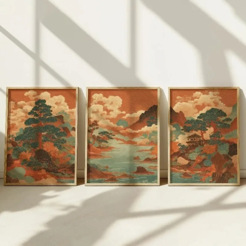3PCS Frameless,3Pcs Vintage Japanese Ukiyo-e Red Landscape Canvas Wall Art Boho Aesthetic Poster Living Room Home Decor