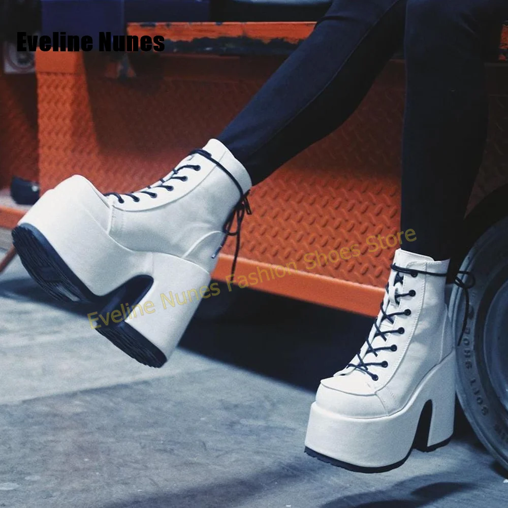 Y2K White Platform Ankle Booties Women Round Toe Lace Up Rear Metal Zip Extra Chunky Heel Alt Goth Club Street Style Short Boots