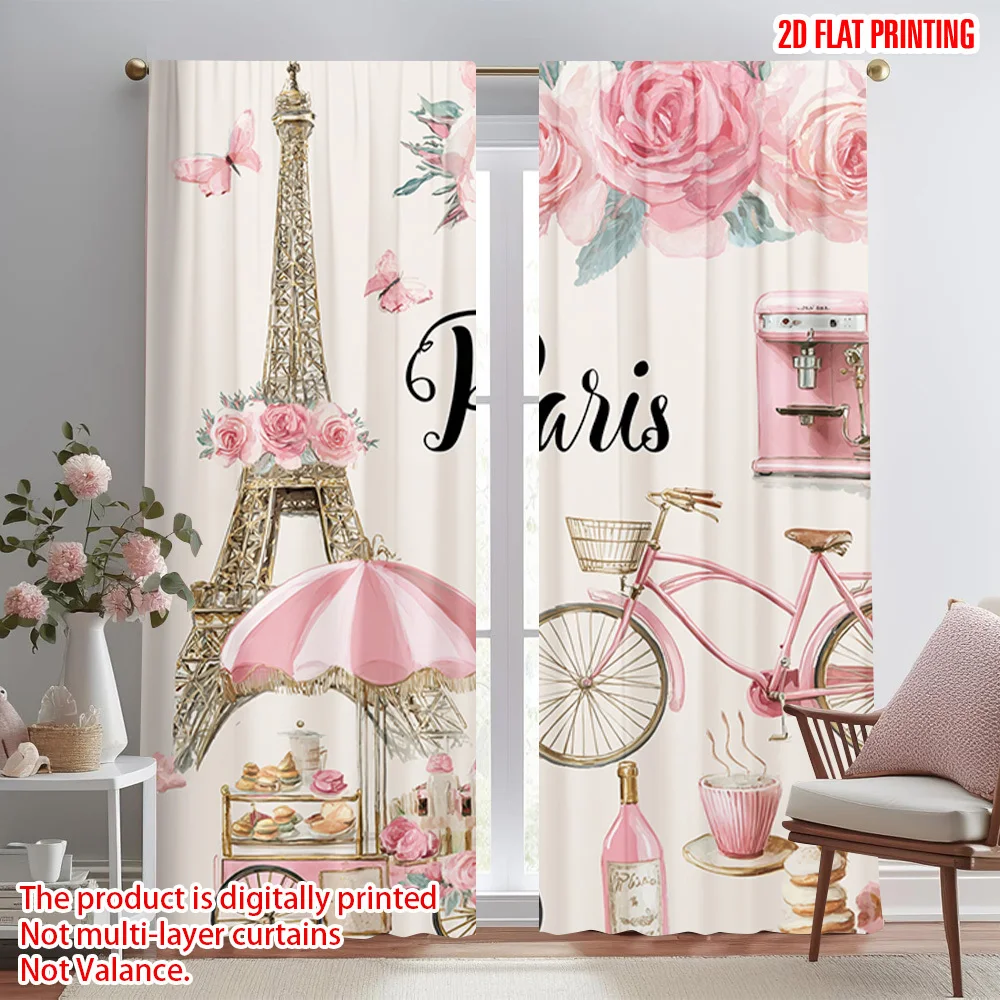 Romantic Paris Themed Curtains with Eiffel Tower, Pink Rose and Vintage Bicycle, Shabby Chic Window Drapes for Girls Bedroom