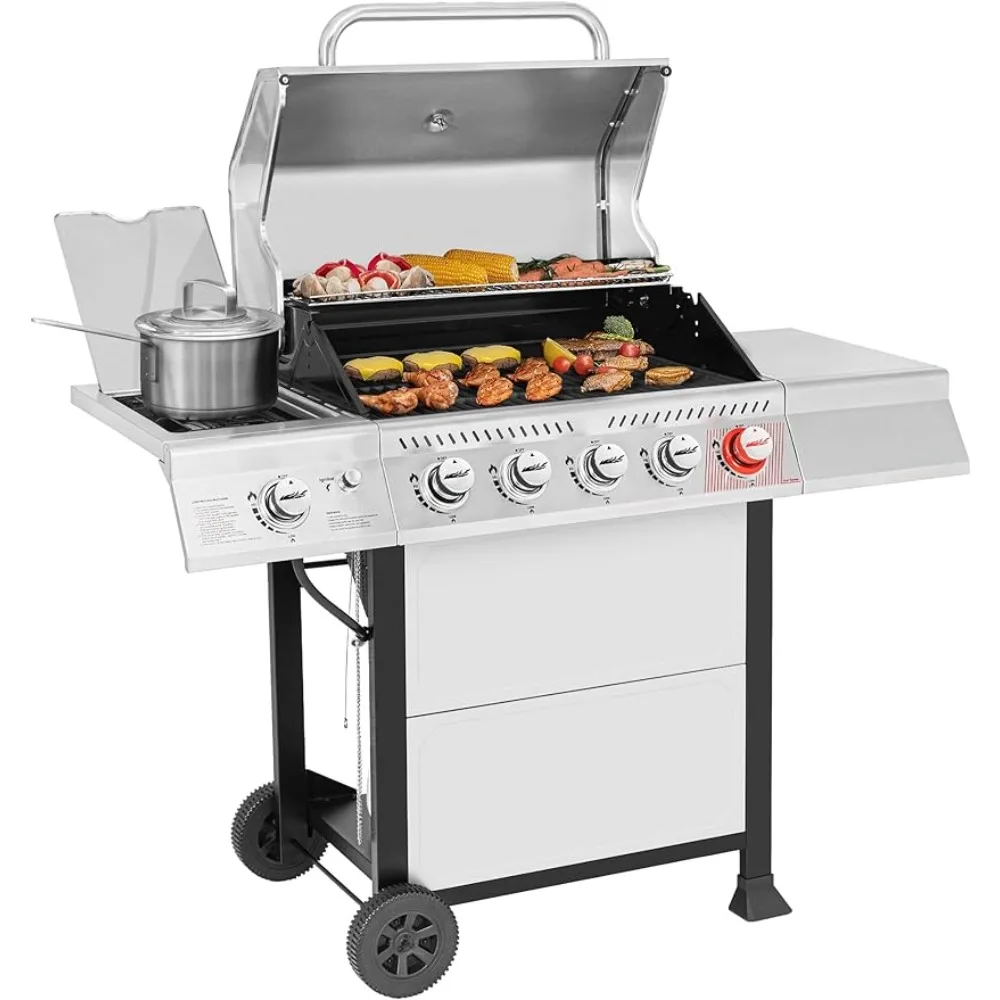 

64 Camping Silver BBQ Grill 5-Burner BBQ Propane Grill With Sear Burner and Side Burner Kitchen Tools Cookware Accessories Stand