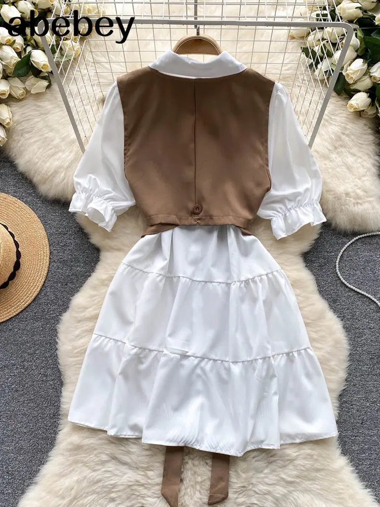 Japanese Style Woman Oversized Unique Two Piece Outfits Short Sleeve Casual Blouses Vest Set Feminine Shirt chemise femme