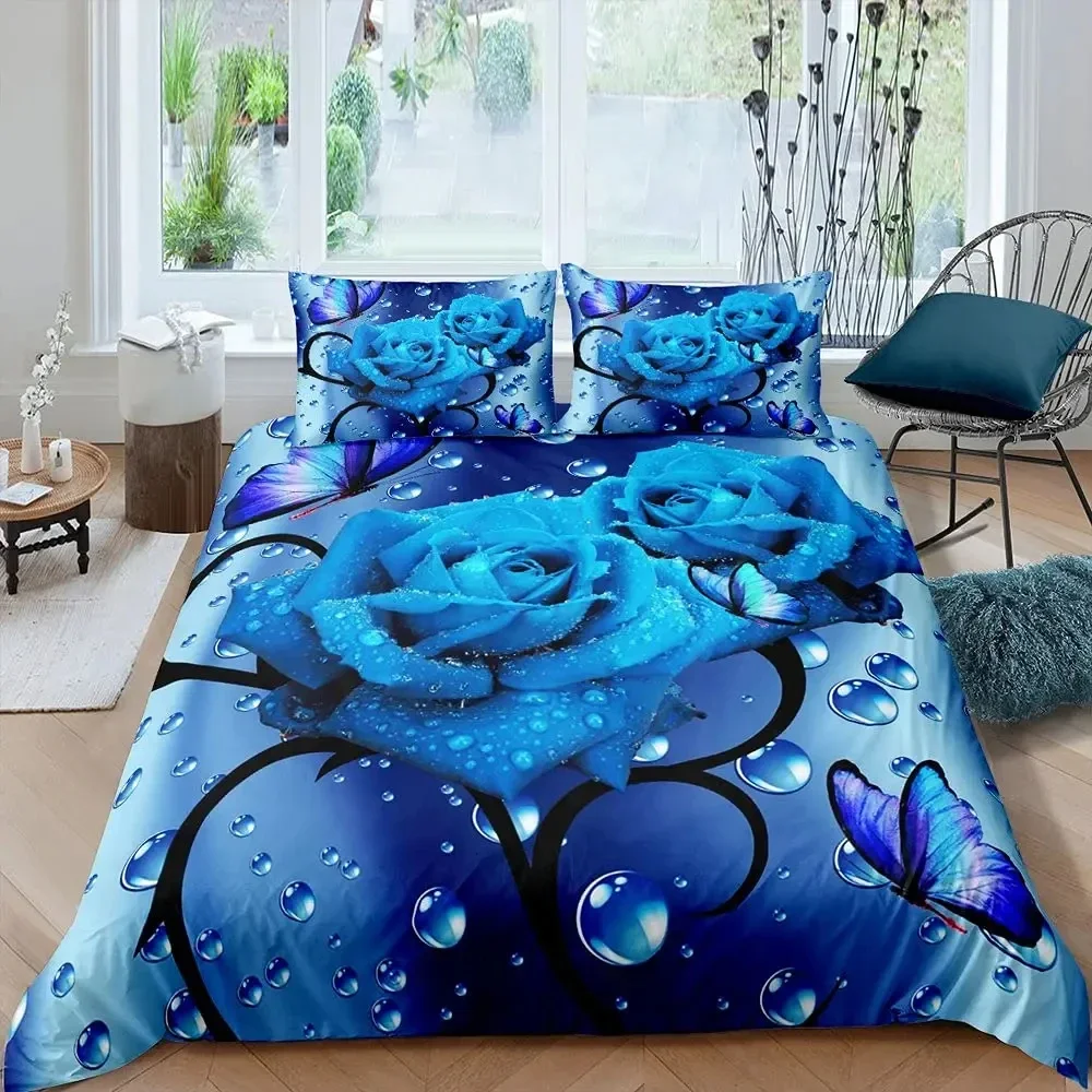 Blue Rose Duvet Cover Set King Size 3D Printed Blossom Flowers Bedding Set Valentine's Day Botanical Polyester Comforter Cover