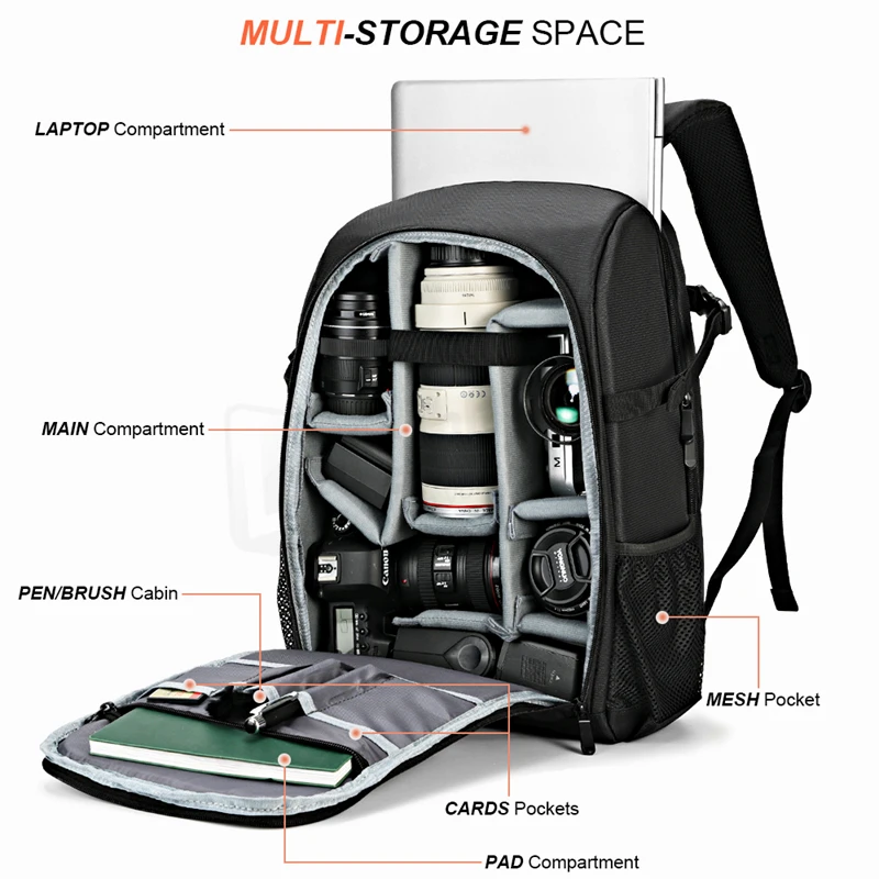 Multifunctional Large Capacity Camera Backpack Waterproof DSLR/15.6\'\' Laptop Shoulders Bag w/ Rain Cover Photography Travel Case