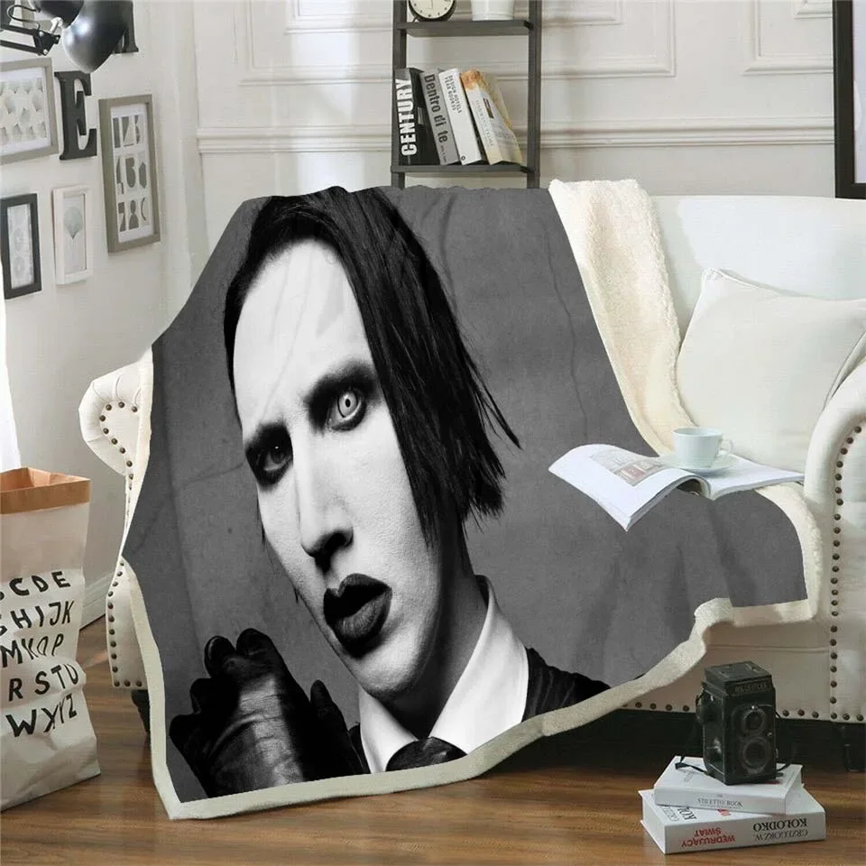 Singer Marilyn Manson 3D Sherpa Blanket Velvet Plush Throw Fleece Blanket Bedspread Couch Sofa Quilt Cover Travel Bedding 01