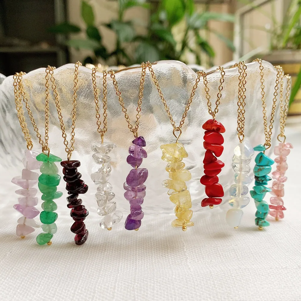 Irregular Natural Crystal Stone Necklace Ore Chips Tassel Charm Pendulum Pink Quartz Citrines Purple Crystal Pendant Necklace